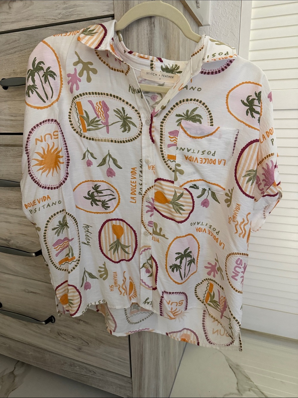 Stitch & Feather White Tropical Print Button-Up Shirt - Oversized